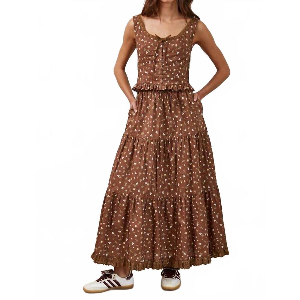 NEW CREAMON floral lace trim front tie top & skirt set in choco